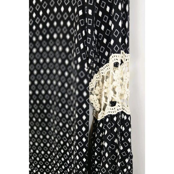 Multi Print Boho Peasant Tunic Crochet Sleeve Tie Back MED Paisley Geo Print - Picture 3 of 8